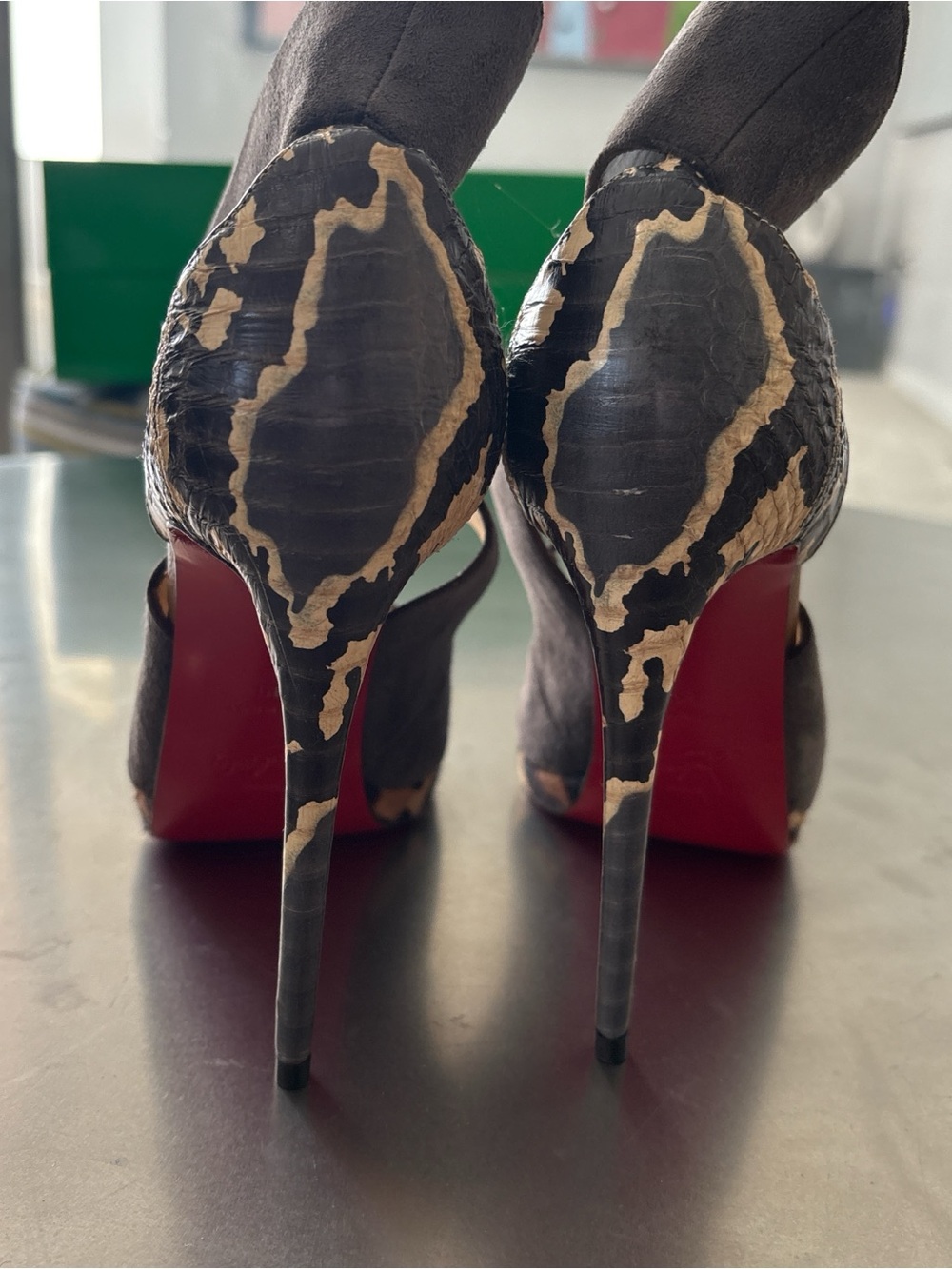 Christian Louboutin Black Suede Pumps with Red Soles and Tan Pattern